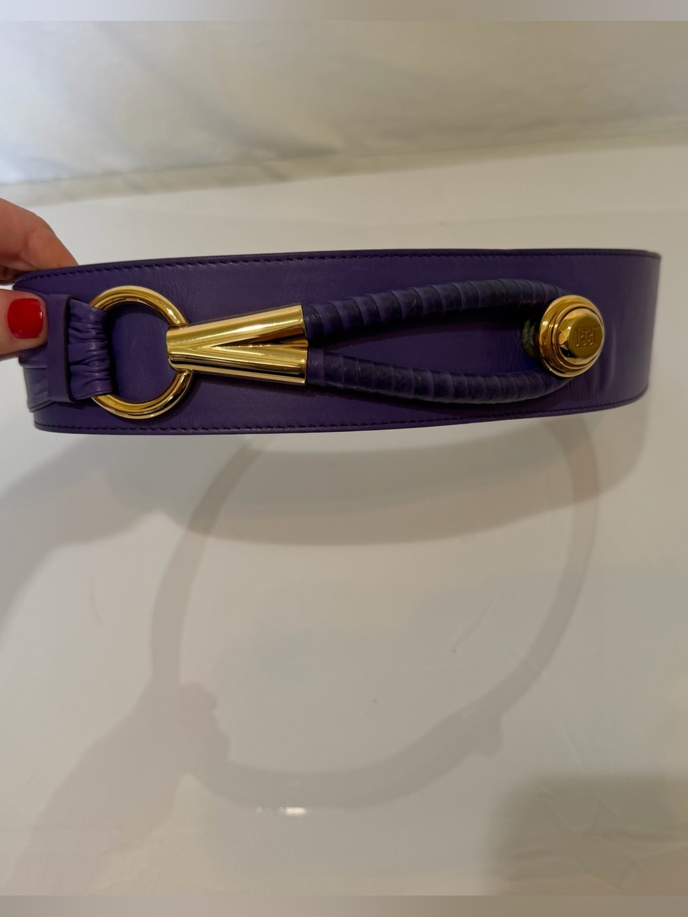 Escada Vintage Purple Leather Wide Belt Gold Hardware Made in Italy Size Large - Picture 12 of 12
